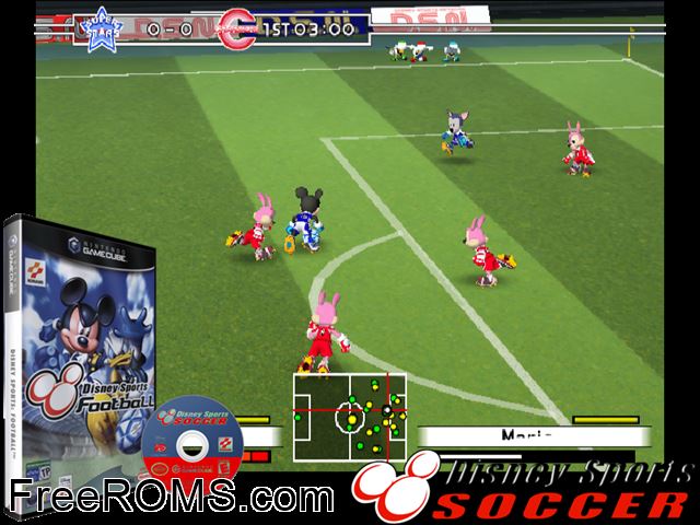 Disney Sports - Soccer Nintendo Gamecube game showing 3D box cover and gameplay screenshot