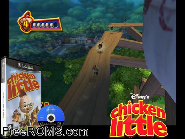 Disneys Chicken Little Nintendo Gamecube game showing 3D box cover and gameplay screenshot