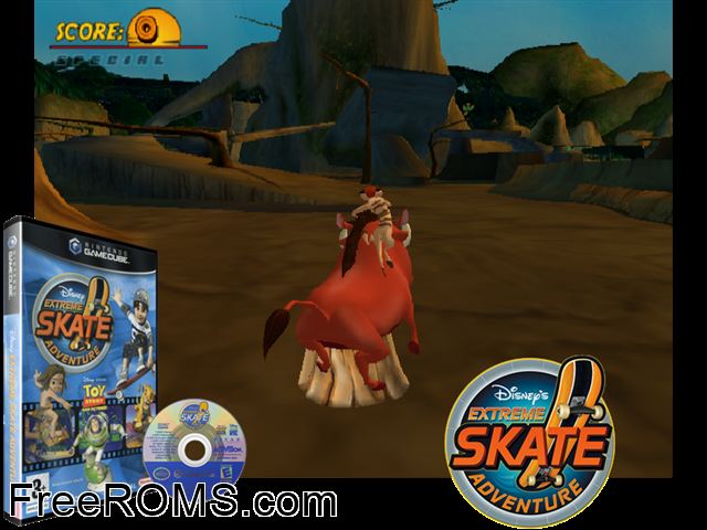 Disneys Extreme Skate Adventure Nintendo Gamecube game showing 3D box cover and gameplay screenshot
