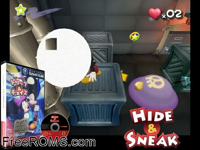 Disneys Hide and Sneak Nintendo Gamecube game showing 3D box cover and gameplay screenshot
