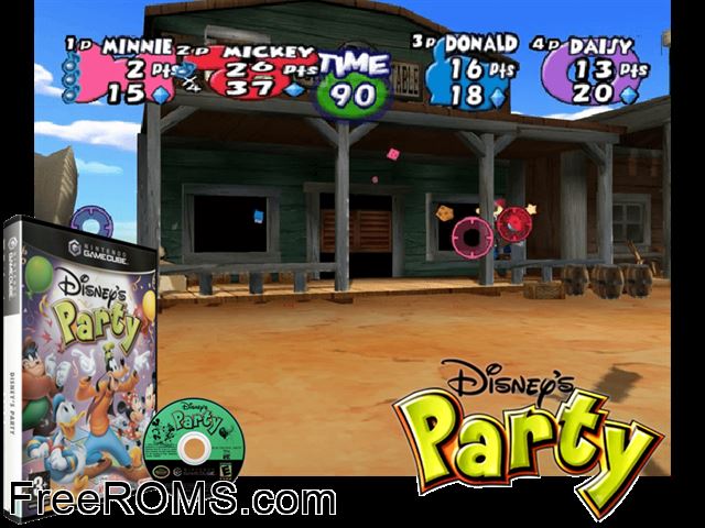 Disneys Party Nintendo Gamecube game showing 3D box cover and gameplay screenshot