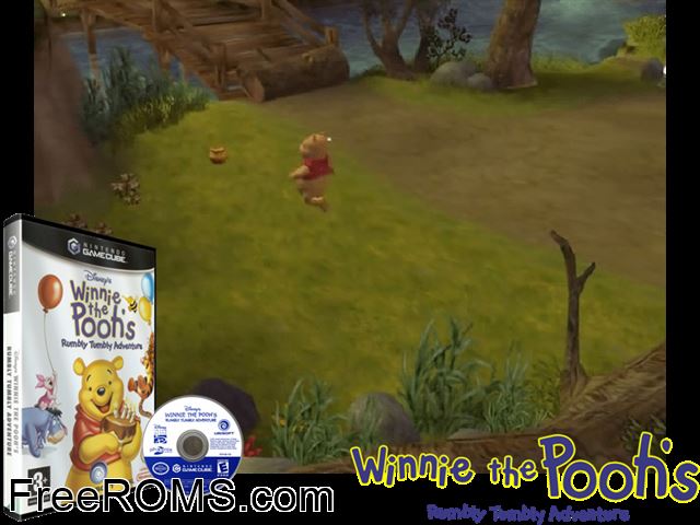 Disneys Winnie the Poohs Rumbly Tumbly Adventure Nintendo Gamecube game showing 3D box cover and gameplay screenshot