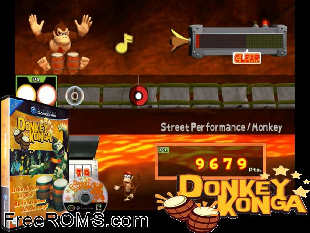 Donkey Konga Nintendo Gamecube game showing 3D box cover and gameplay screenshot