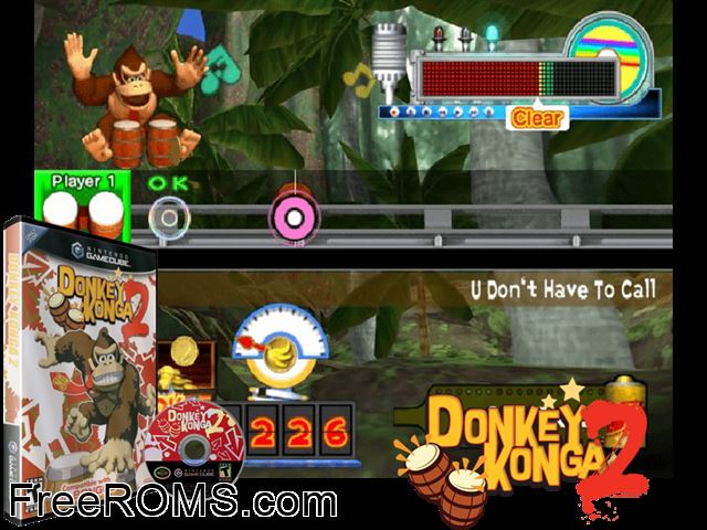 Donkey Konga 2 Nintendo Gamecube game showing 3D box cover and gameplay screenshot