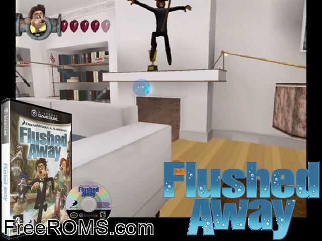 DreamWorks and Aardman Flushed Away Nintendo Gamecube game showing 3D box cover and gameplay screenshot