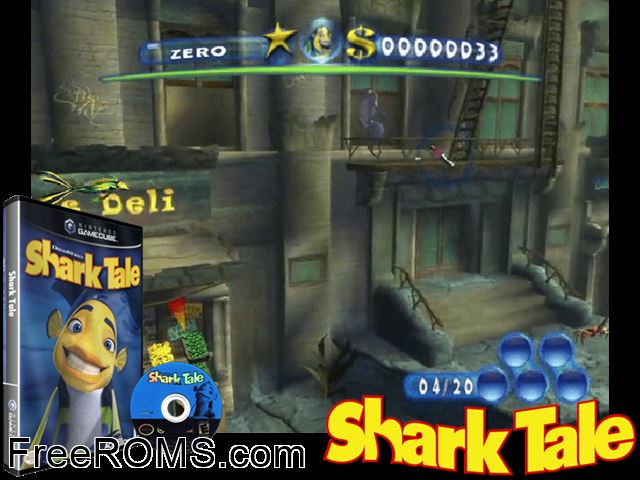 DreamWorks Shark Tale Nintendo Gamecube game showing 3D box cover and gameplay screenshot
