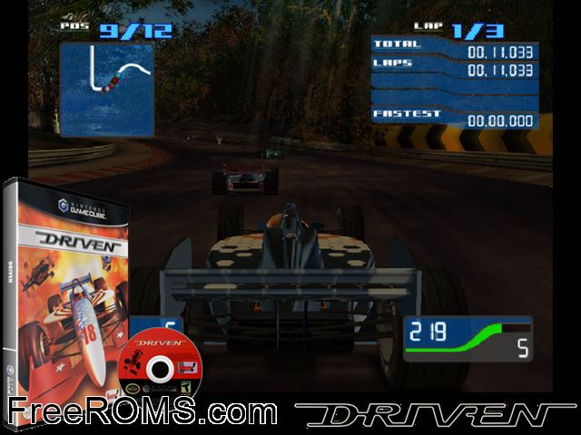 Driven Nintendo Gamecube game showing 3D box cover and gameplay screenshot