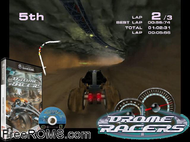 Drome Racers Nintendo Gamecube game showing 3D box cover and gameplay screenshot