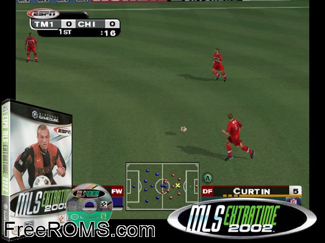 ESPN MLS ExtraTime 2002 Nintendo Gamecube game showing 3D box cover and gameplay screenshot