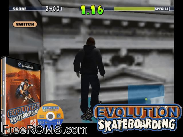 Evolution Skateboarding Nintendo Gamecube game showing 3D box cover and gameplay screenshot