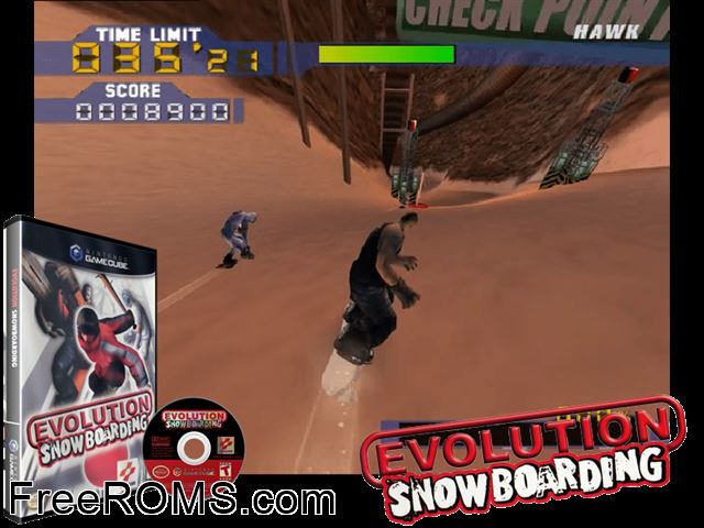 Evolution Snowboarding Nintendo Gamecube game showing 3D box cover and gameplay screenshot