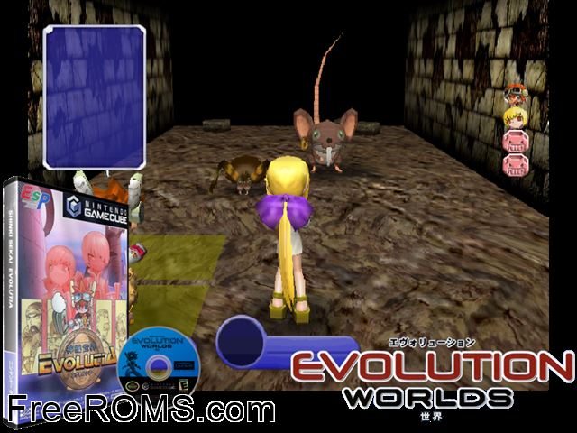 Evolution Worlds Nintendo Gamecube game showing 3D box cover and gameplay screenshot