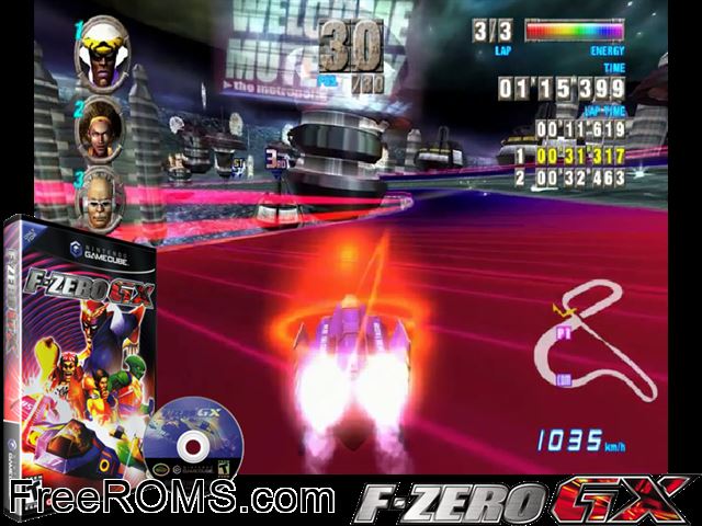 F-Zero GX Nintendo Gamecube game showing 3D box cover and gameplay screenshot