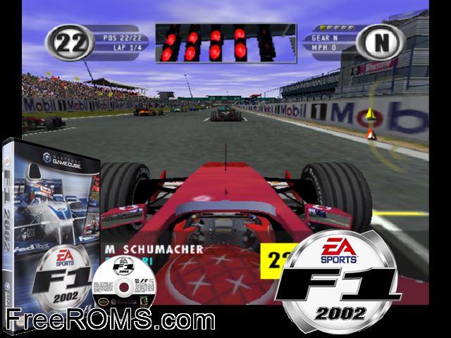 F1 2002 Nintendo Gamecube game showing 3D box cover and gameplay screenshot