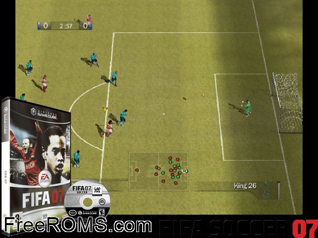 FIFA Soccer 07 Nintendo Gamecube game showing 3D box cover and gameplay screenshot