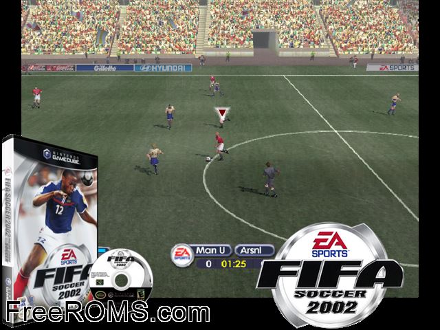 FIFA Soccer 2002 Nintendo Gamecube game showing 3D box cover and gameplay screenshot