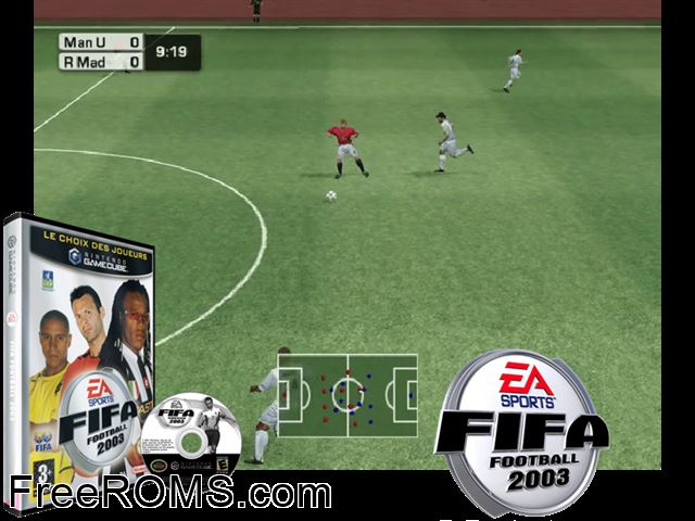 FIFA Soccer 2003 Nintendo Gamecube game showing 3D box cover and gameplay screenshot
