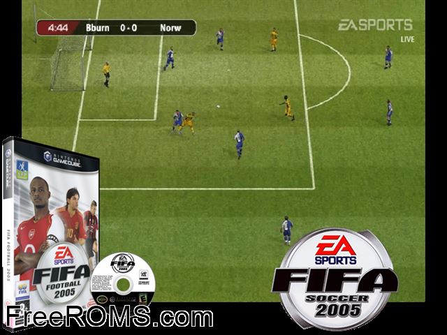FIFA Soccer 2005 Nintendo Gamecube game showing 3D box cover and gameplay screenshot