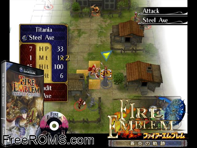 Fire Emblem Path of Radiance Nintendo Gamecube game showing 3D box cover and gameplay screenshot