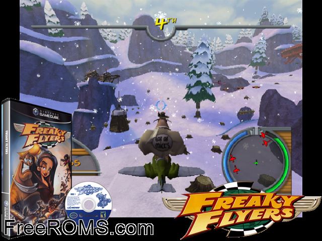 Freaky Flyers (Disc 1) Nintendo Gamecube game showing 3D box cover and gameplay screenshot