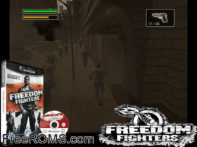 Freedom Fighters Nintendo Gamecube game showing 3D box cover and gameplay screenshot