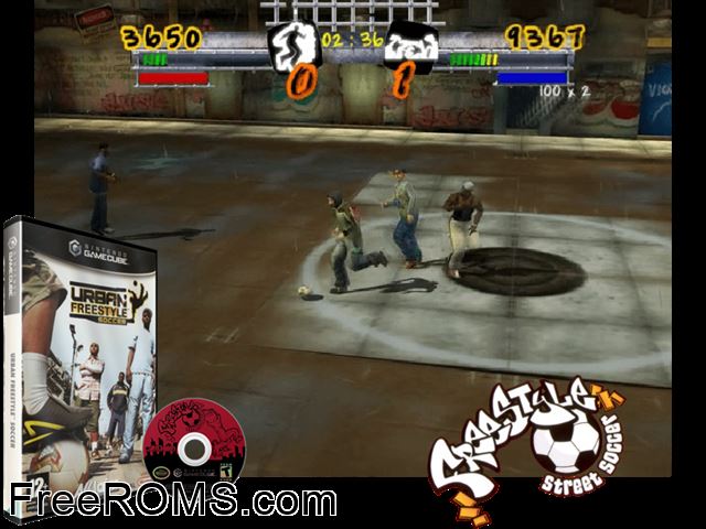 Freestyle Street Soccer Nintendo Gamecube game showing 3D box cover and gameplay screenshot