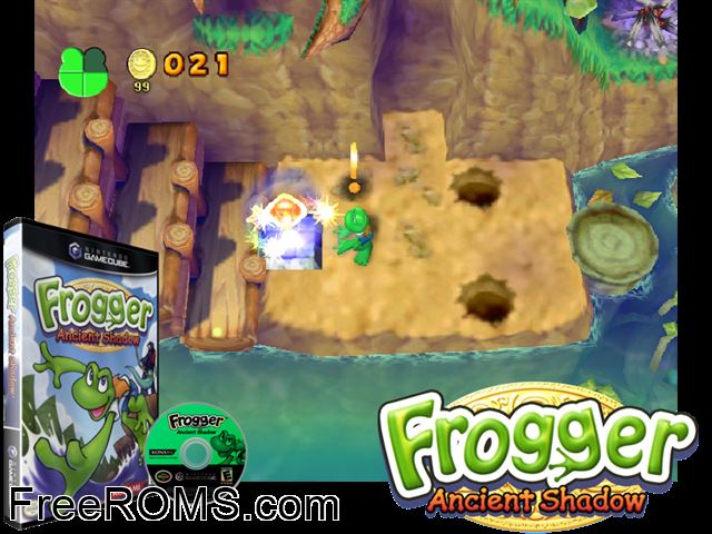 Frogger - Ancient Shadow Nintendo Gamecube game showing 3D box cover and gameplay screenshot