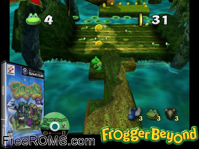 Frogger Beyond Nintendo Gamecube game showing 3D box cover and gameplay screenshot