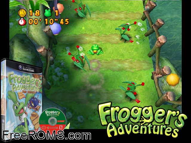 Froggers Adventures - The Rescue Nintendo Gamecube game showing 3D box cover and gameplay screenshot
