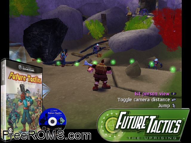 Future Tactics - The Uprising Nintendo Gamecube game showing 3D box cover and gameplay screenshot