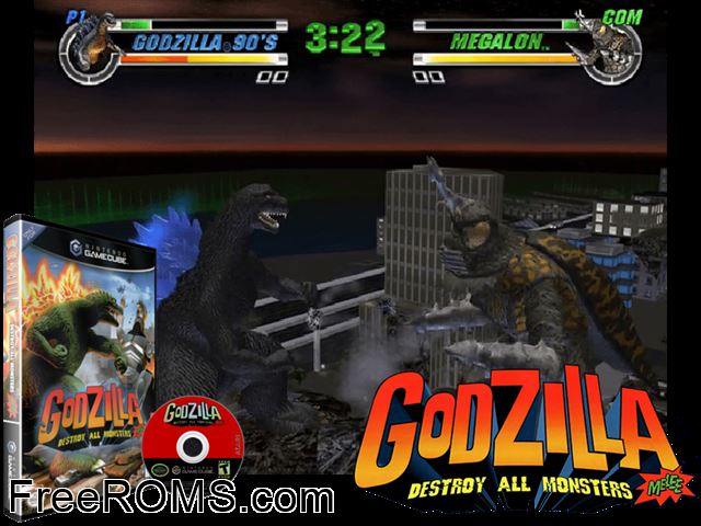 Godzilla - Destroy All Monsters Melee Nintendo Gamecube game showing 3D box cover and gameplay screenshot
