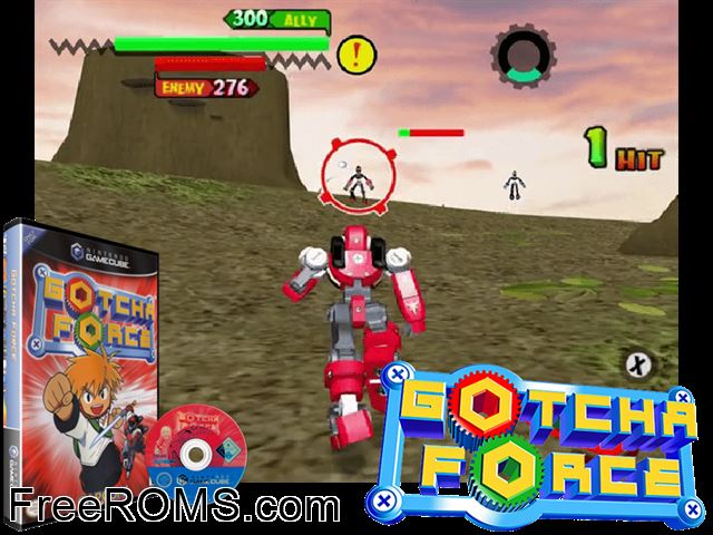 Gotcha Force Nintendo Gamecube game showing 3D box cover and gameplay screenshot