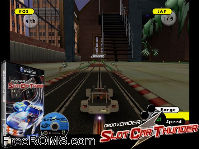 Grooverider - Slot Car Thunder Nintendo Gamecube game showing 3D box cover and gameplay screenshot