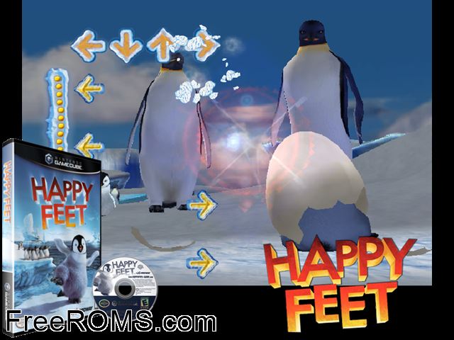 Happy Feet Nintendo Gamecube game showing 3D box cover and gameplay screenshot