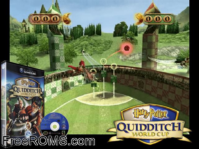Harry Potter - Quidditch World Cup Nintendo Gamecube game showing 3D box cover and gameplay screenshot