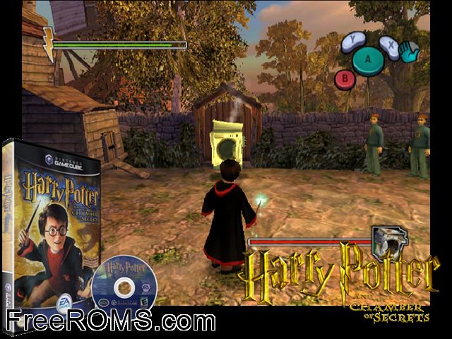 Harry Potter and the Chamber of Secrets Nintendo Gamecube game showing 3D box cover and gameplay screenshot