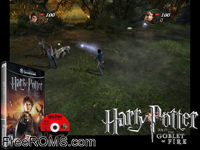 Harry Potter and the Goblet of Fire Nintendo Gamecube game showing 3D box cover and gameplay screenshot