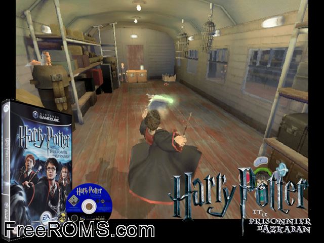 Harry Potter and the Prisoner of Azkaban Nintendo Gamecube game showing 3D box cover and gameplay screenshot