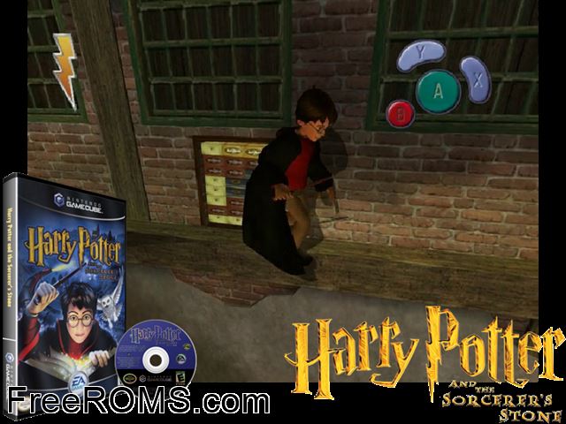 Harry Potter and the Sorcerers Stone Nintendo Gamecube game showing 3D box cover and gameplay screenshot