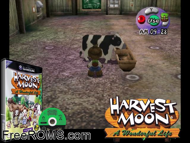 Harvest Moon - A Wonderful Life Nintendo Gamecube game showing 3D box cover and gameplay screenshot