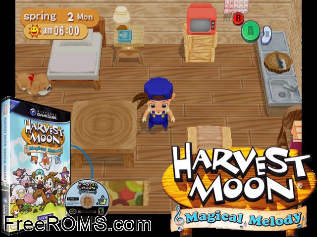 Harvest Moon - Magical Melody Nintendo Gamecube game showing 3D box cover and gameplay screenshot