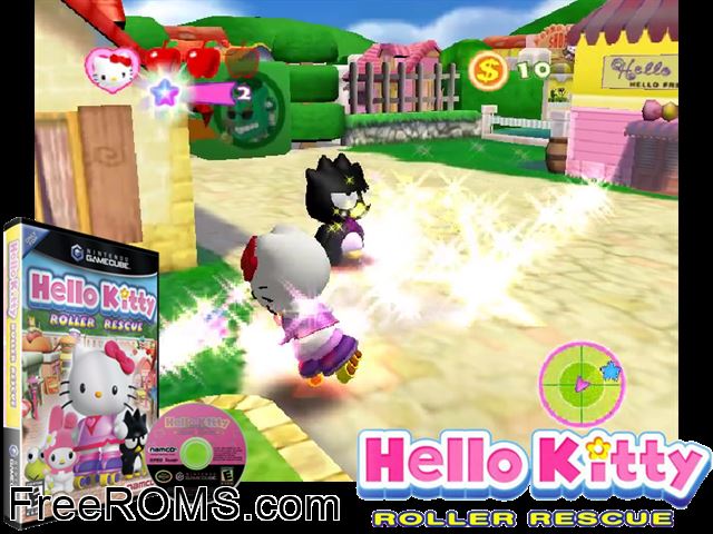 Hello Kitty - Roller Rescue Nintendo Gamecube game showing 3D box cover and gameplay screenshot
