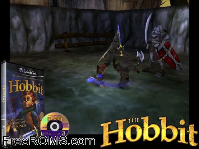 Hobbit, The - The Prelude to the Lord of the Rings Nintendo Gamecube game showing 3D box cover and gameplay screenshot