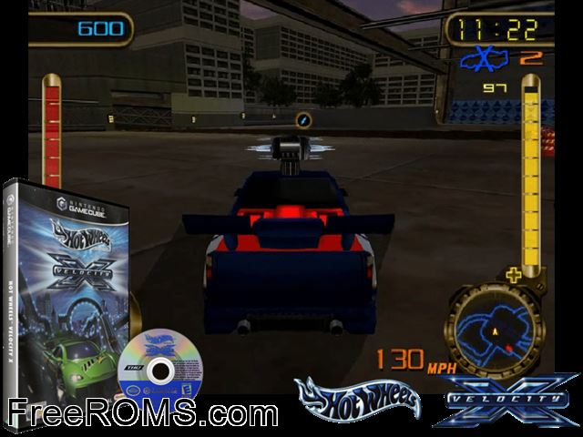 Hot Wheels - Velocity X Nintendo Gamecube game showing 3D box cover and gameplay screenshot