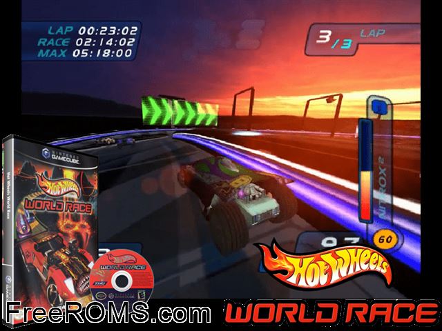 Hot Wheels - World Race Nintendo Gamecube game showing 3D box cover and gameplay screenshot