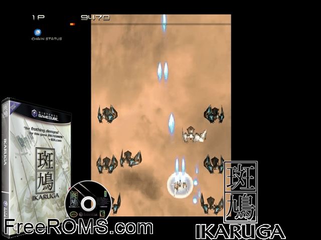 Ikaruga Nintendo Gamecube game showing 3D box cover and gameplay screenshot