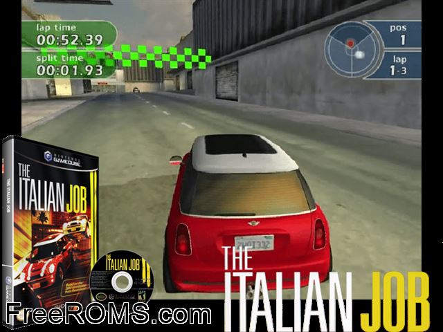 Italian Job, The Nintendo Gamecube game showing 3D box cover and gameplay screenshot