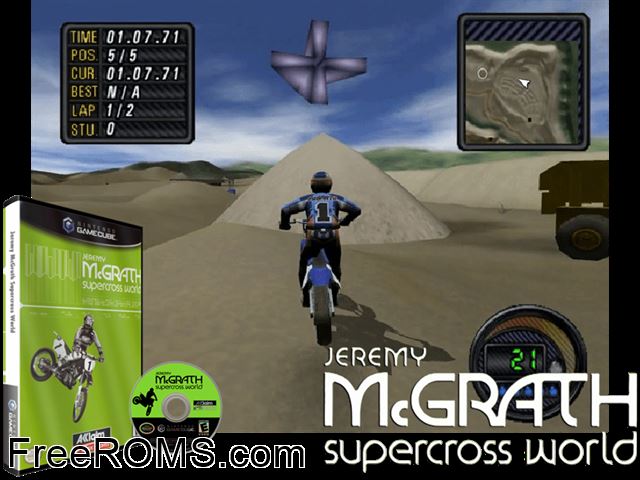 Jeremy McGrath Supercross World Nintendo Gamecube game showing 3D box cover and gameplay screenshot