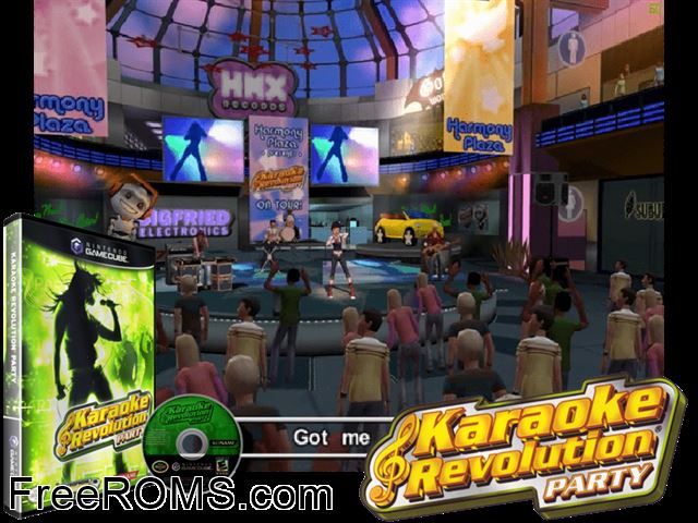 Karaoke Revolution Party Nintendo Gamecube game showing 3D box cover and gameplay screenshot