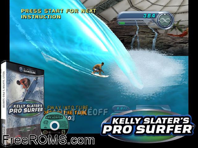 Kelly Slaters Pro Surfer Nintendo Gamecube game showing 3D box cover and gameplay screenshot